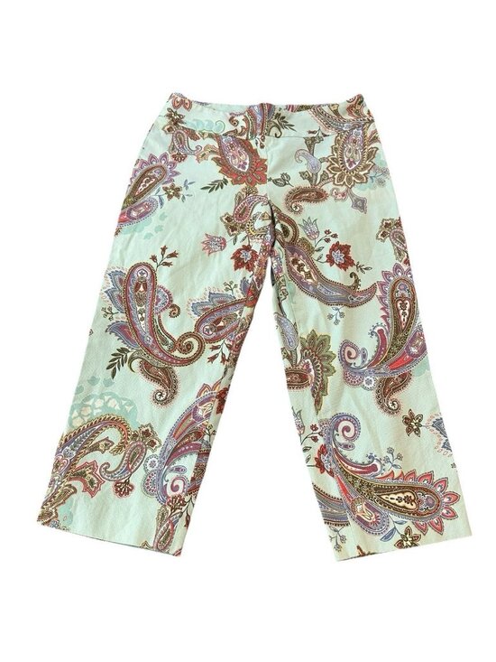 Randy Kemper Pants - Randy Kemper Cropped Wide‎ Mint Green Capri Pants M Coastal Paisley Boho Resort